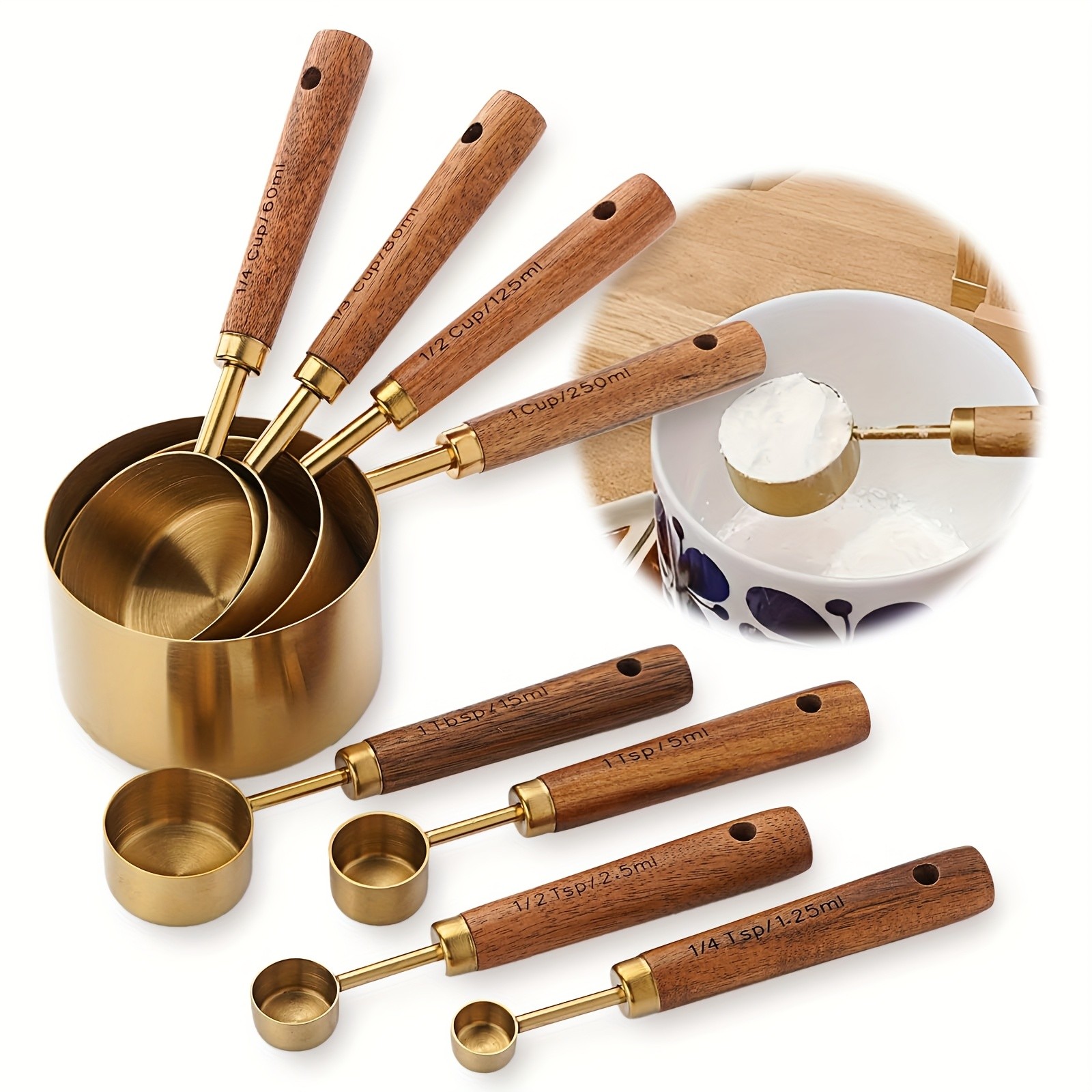 WIEZ Stainless Steel Measuring Cup & Spoon Set – 4/8-Piece Polished Set with Wooden Handles & Dual Markings