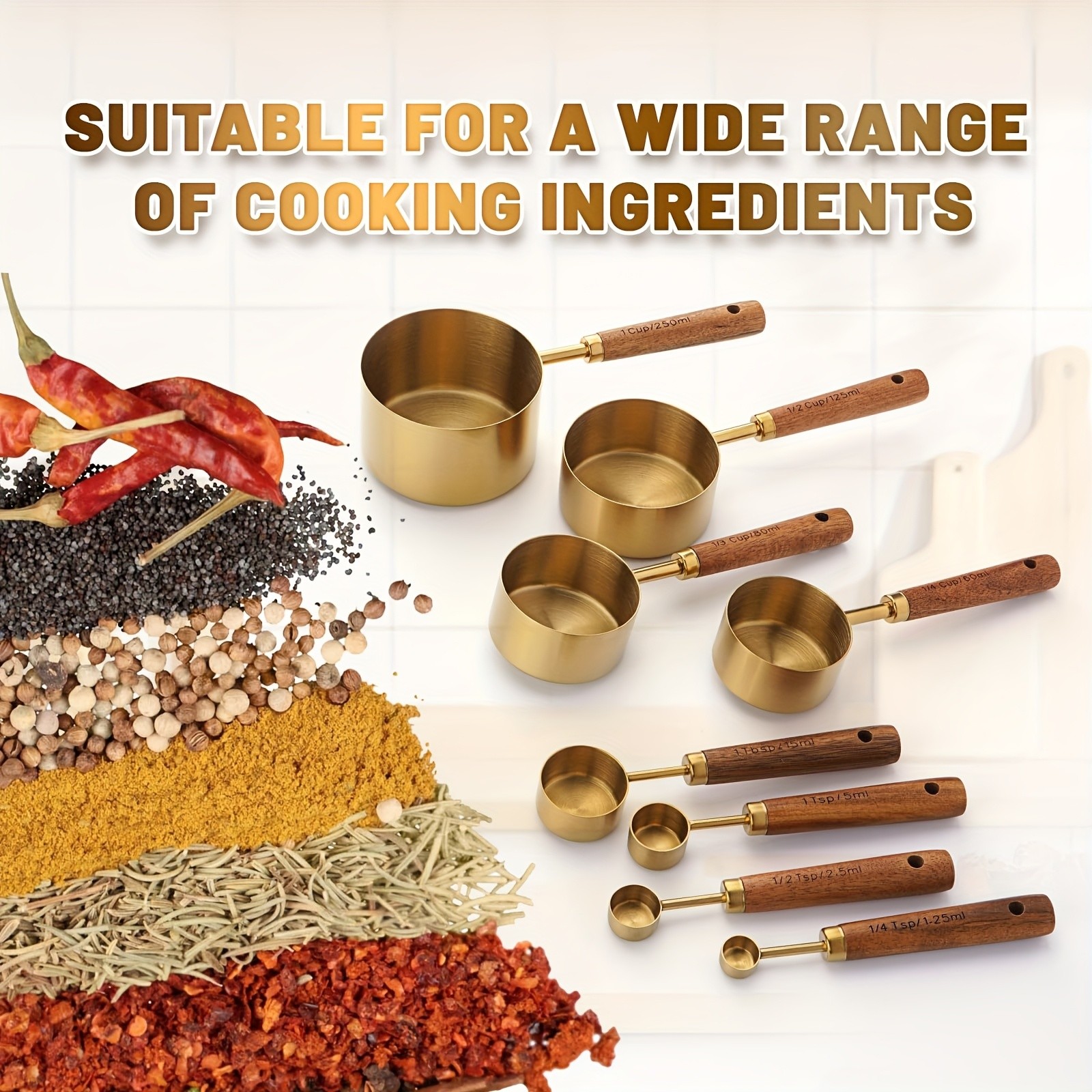 WIEZ Stainless Steel Measuring Cup & Spoon Set – 4/8-Piece Polished Set with Wooden Handles & Dual Markings