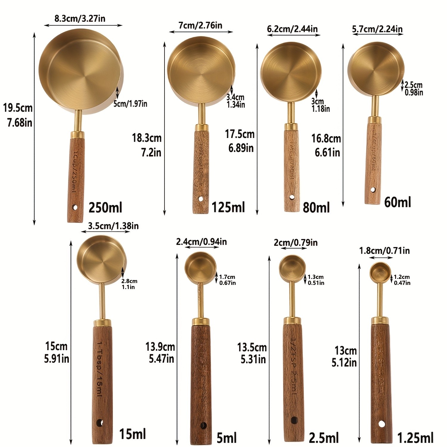 WIEZ Stainless Steel Measuring Cup & Spoon Set – 4/8-Piece Polished Set with Wooden Handles & Dual Markings