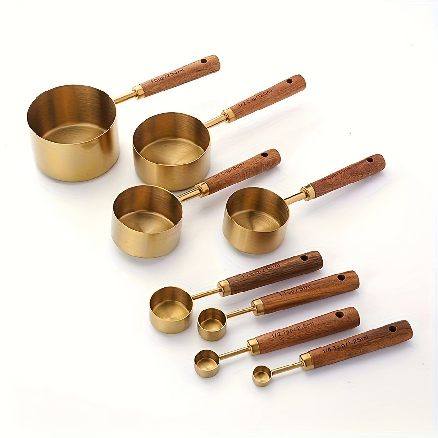 WIEZ Stainless Steel Measuring Cup & Spoon Set – 4/8-Piece Polished Set with Wooden Handles & Dual Markings