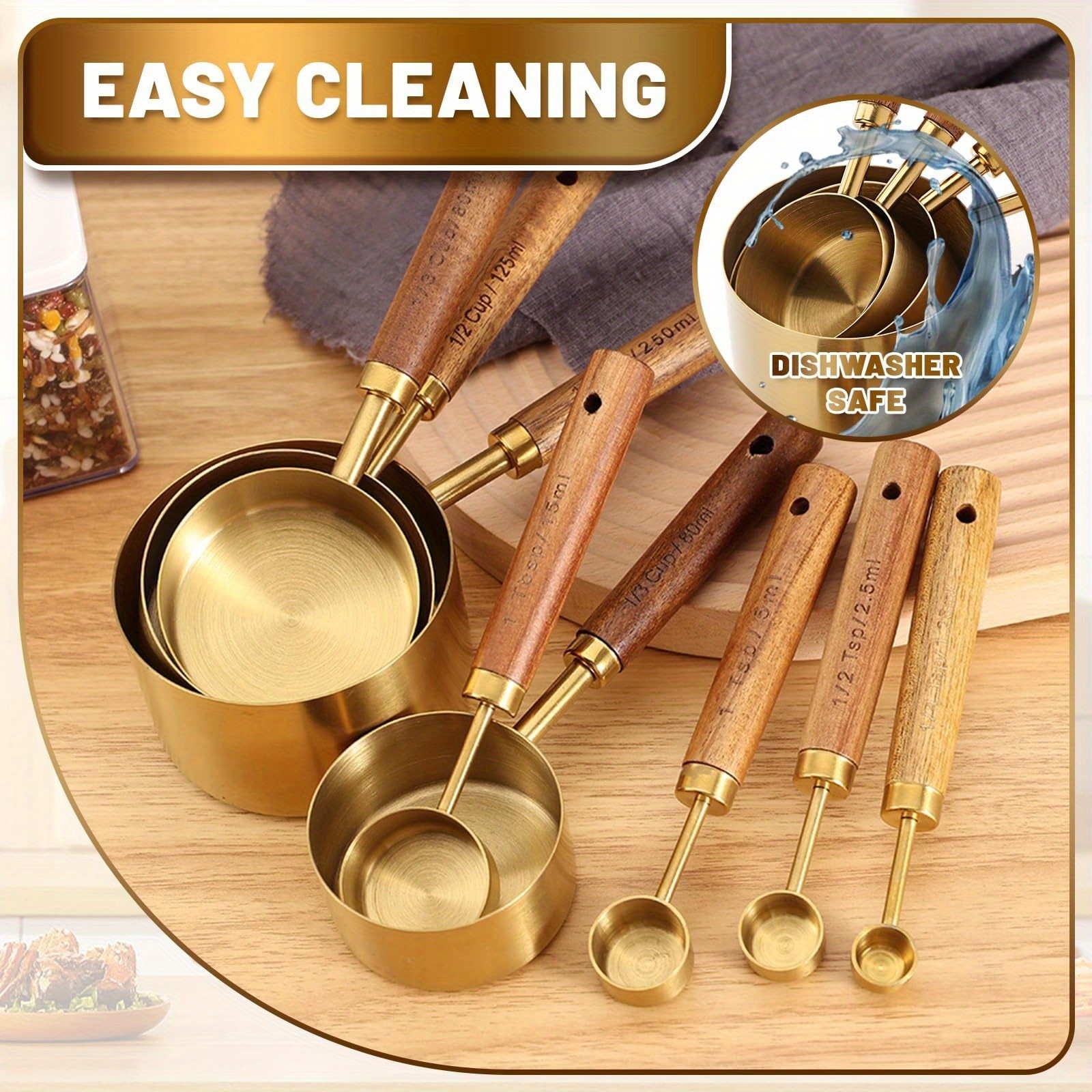 WIEZ Stainless Steel Measuring Cup & Spoon Set – 4/8-Piece Polished Set with Wooden Handles & Dual Markings