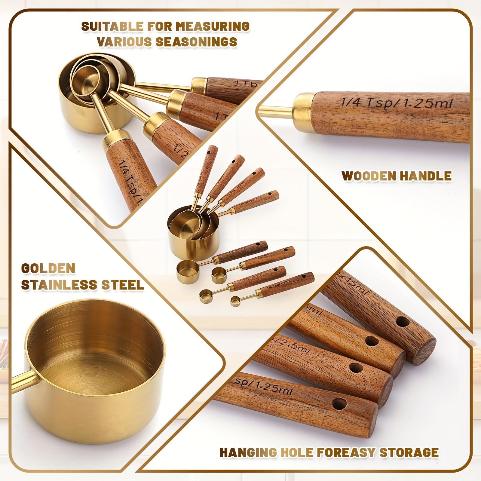 WIEZ Stainless Steel Measuring Cup & Spoon Set – 4/8-Piece Polished Set with Wooden Handles & Dual Markings