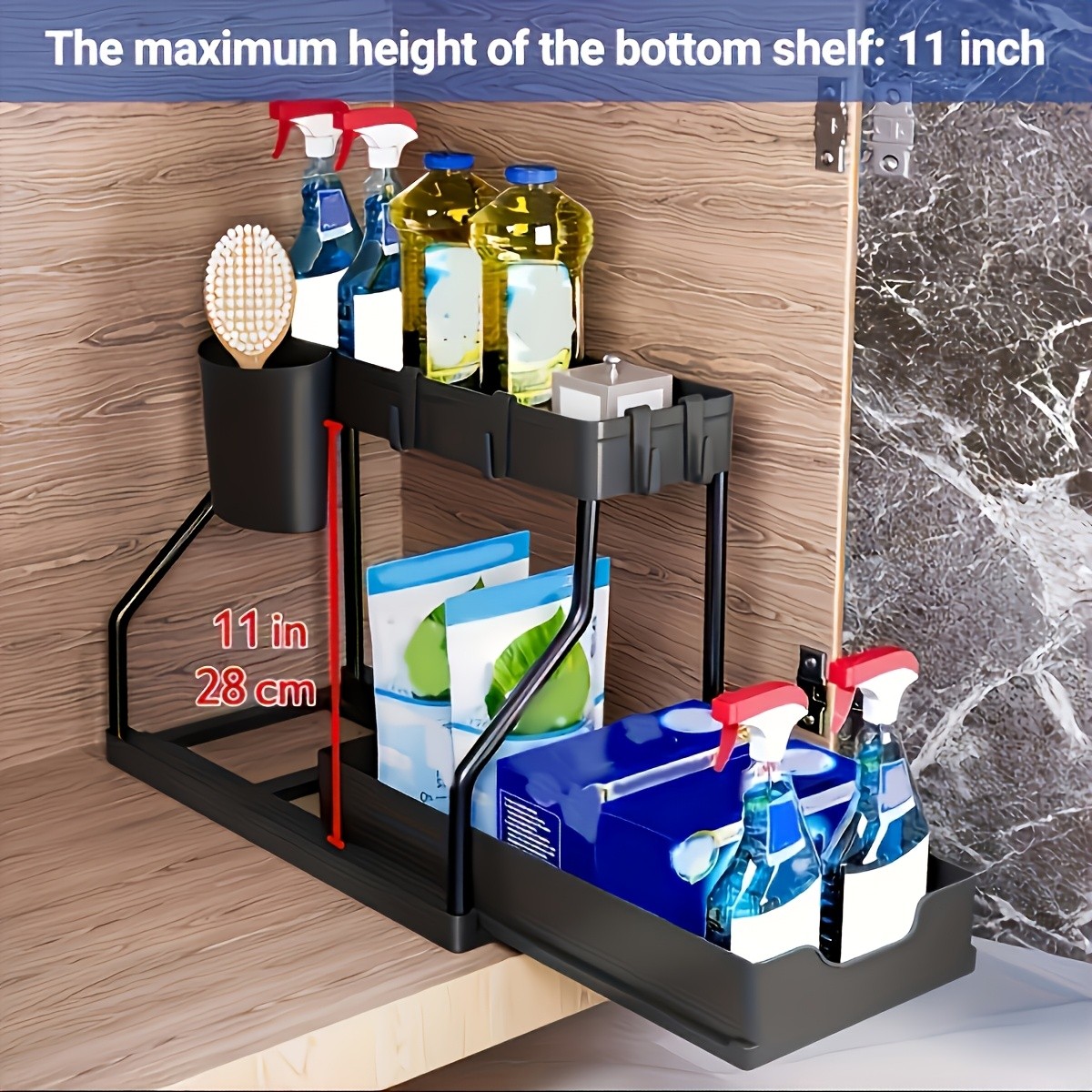 WIEZ Multi-Tier Pull-Out Kitchen Sink Organizer – Durable Space-Saving Storage Rack with Removable Shelves