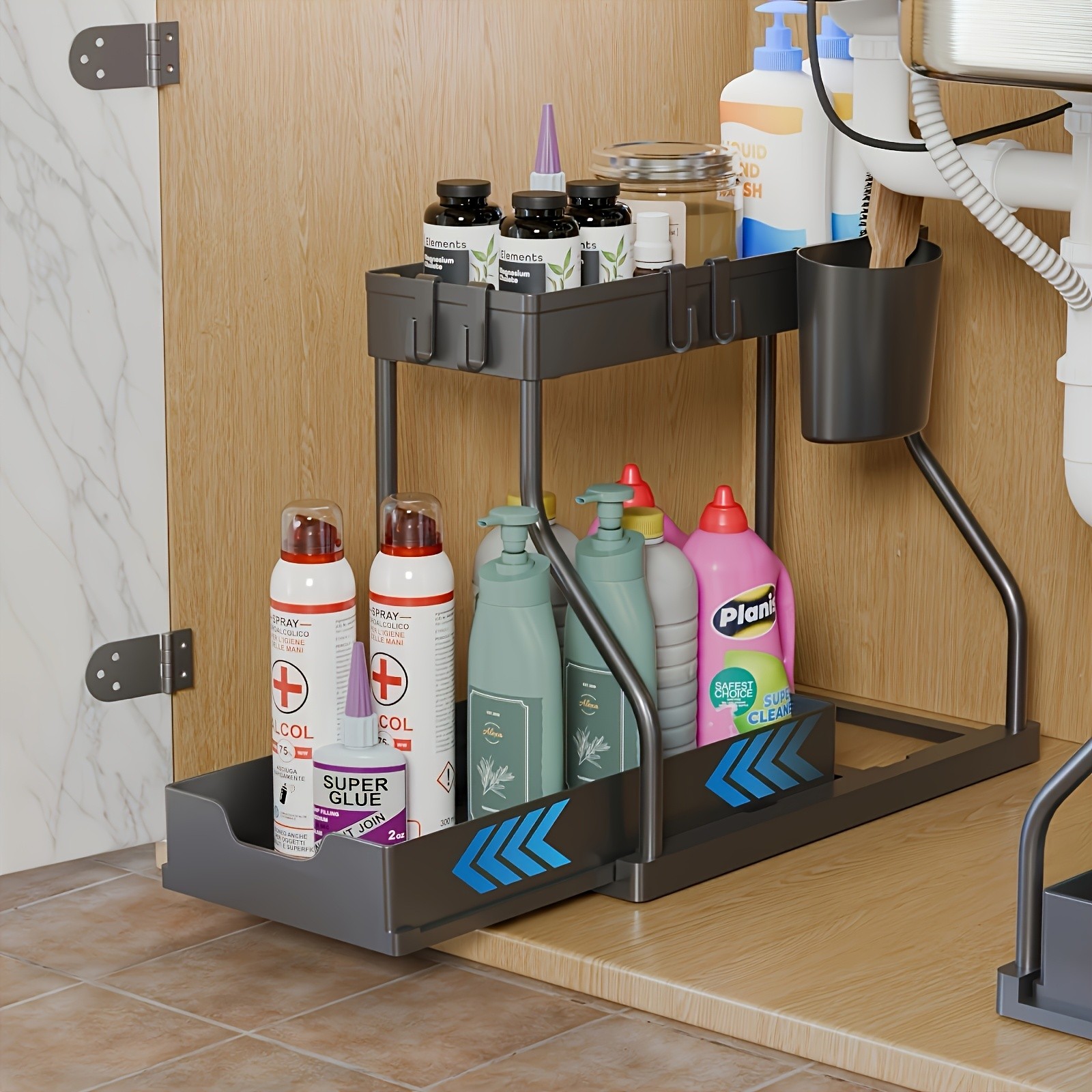 WIEZ Multi-Tier Pull-Out Kitchen Sink Organizer – Durable Space-Saving Storage Rack with Removable Shelves