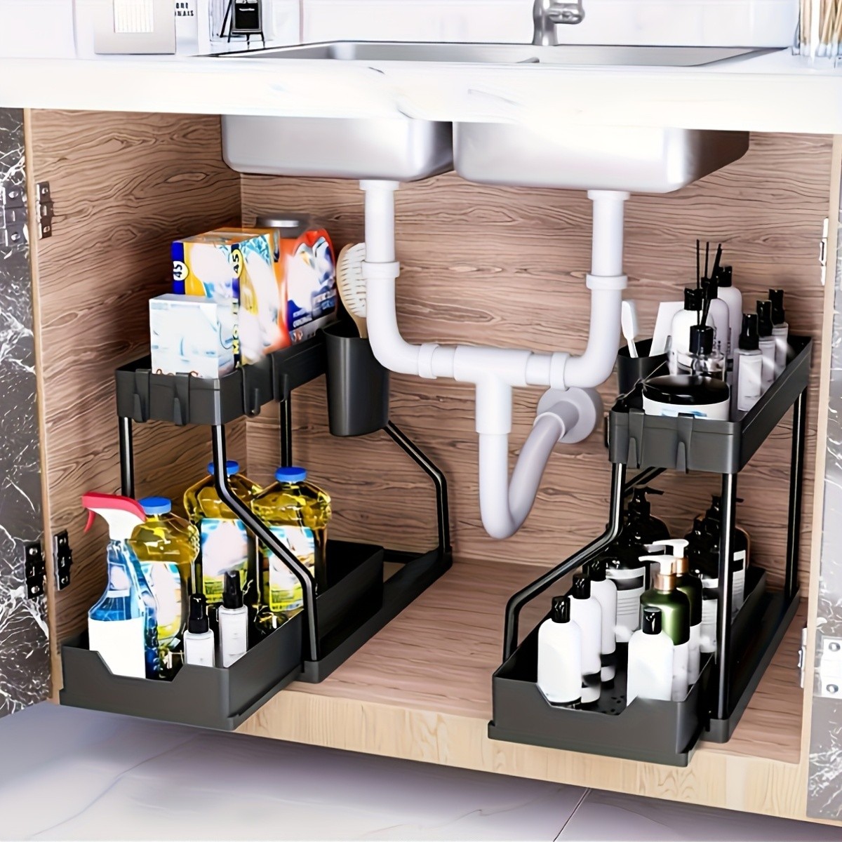 WIEZ Multi-Tier Pull-Out Kitchen Sink Organizer – Durable Space-Saving Storage Rack with Removable Shelves