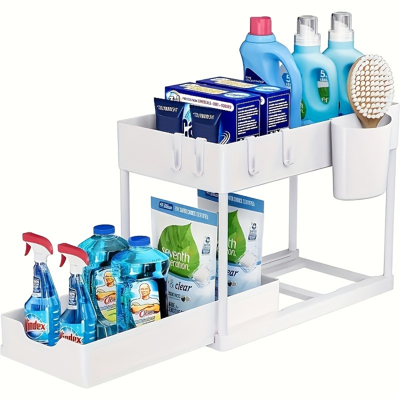 WIEZ 2-Layer Sliding Sink Storage Rack – Multi-Tier Cabinet Organizer with Drawers & Hooks for Kitchen and Bathroom