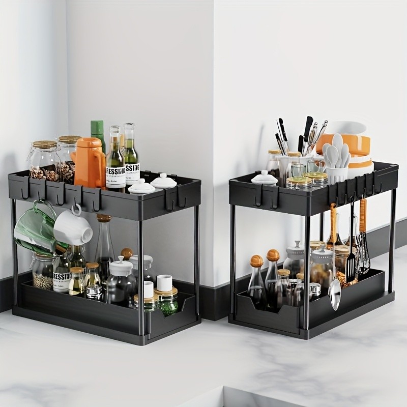 WIEZ 2-Layer Sliding Sink Storage Rack – Multi-Tier Cabinet Organizer with Drawers & Hooks for Kitchen and Bathroom