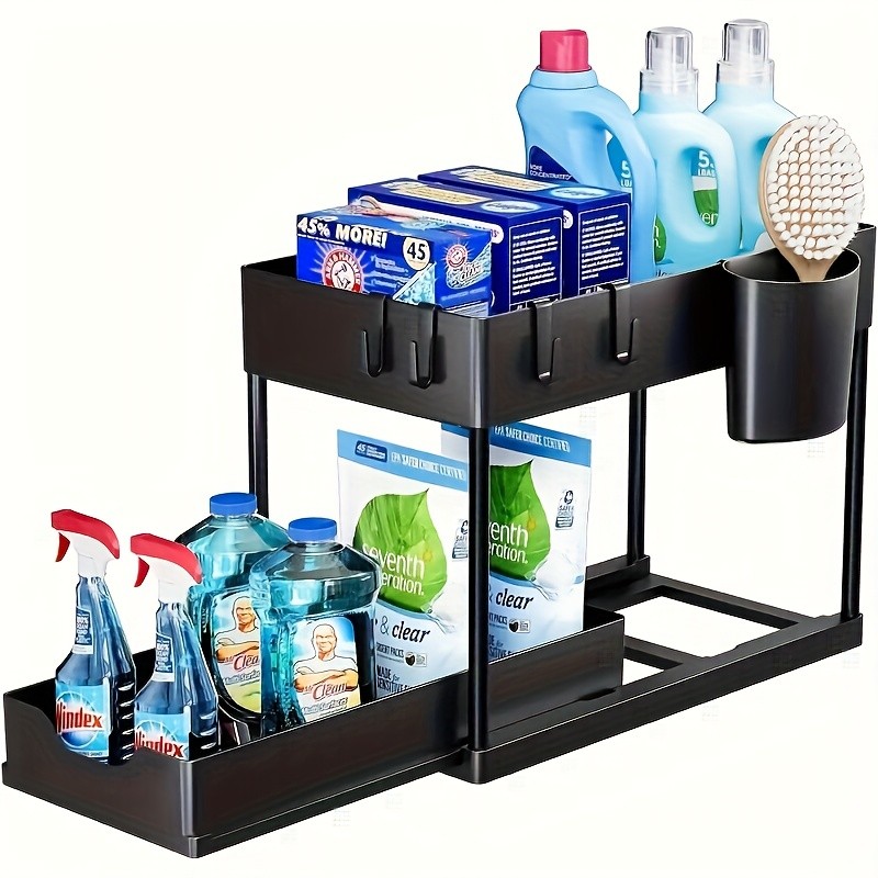 WIEZ 2-Layer Sliding Sink Storage Rack – Multi-Tier Cabinet Organizer with Drawers & Hooks for Kitchen and Bathroom