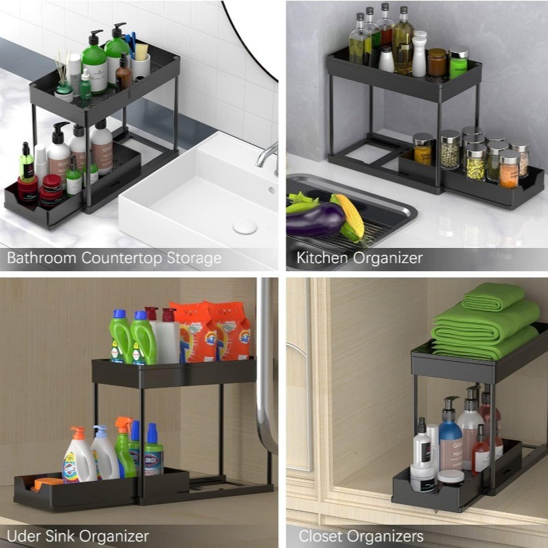 WIEZ 2-Layer Sliding Sink Storage Rack – Multi-Tier Cabinet Organizer with Drawers & Hooks for Kitchen and Bathroom