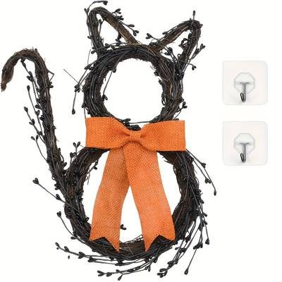 NLDD Black Cat Silhouette Twig Wreath – Halloween & Day of the Dead Door Hanging Décor