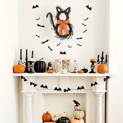 NLDD Black Cat Silhouette Twig Wreath – Halloween & Day of the Dead Door Hanging Décor