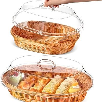 PMMJ Wicker Bread Basket with Clear Acrylic Lid – Round Food Display Tray