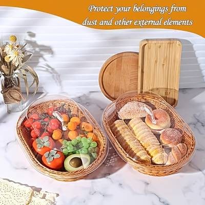 PMMJ Wicker Bread Basket with Clear Acrylic Lid – Round Food Display Tray