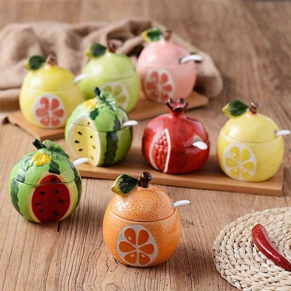 WIEZ Ceramic Fruit-Shaped Salt & Pepper Shakers – Decorative Lidded Jars with Spoons for Spices, Sugar & Tea