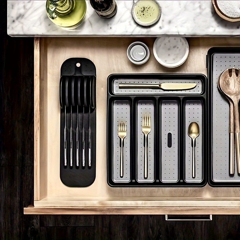 WIEZ 5-Slot Plastic & Silicone Knife Storage Rack – Soft-Edge Non-Slip Drawer Organizer for Space-Saving Kitchen Safety