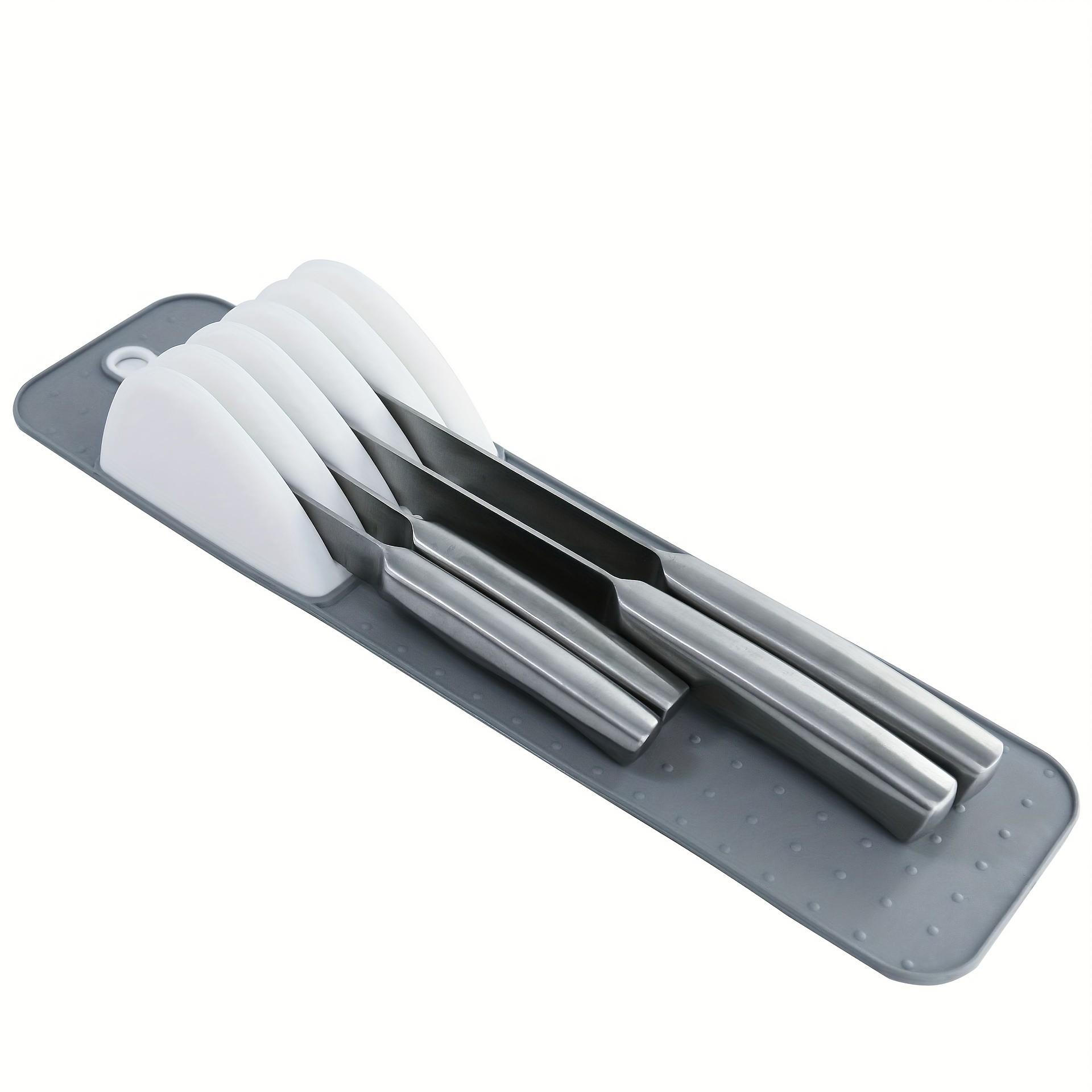 WIEZ 5-Slot Plastic & Silicone Knife Storage Rack – Soft-Edge Non-Slip Drawer Organizer for Space-Saving Kitchen Safety