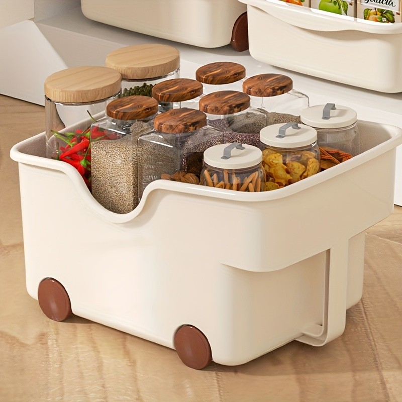 WIEZ Plastic Cabinet Storage Box with Wheels – Durable Rolling Basket with Handle for Space-Saving Kitchen & Wardrobe Organisation