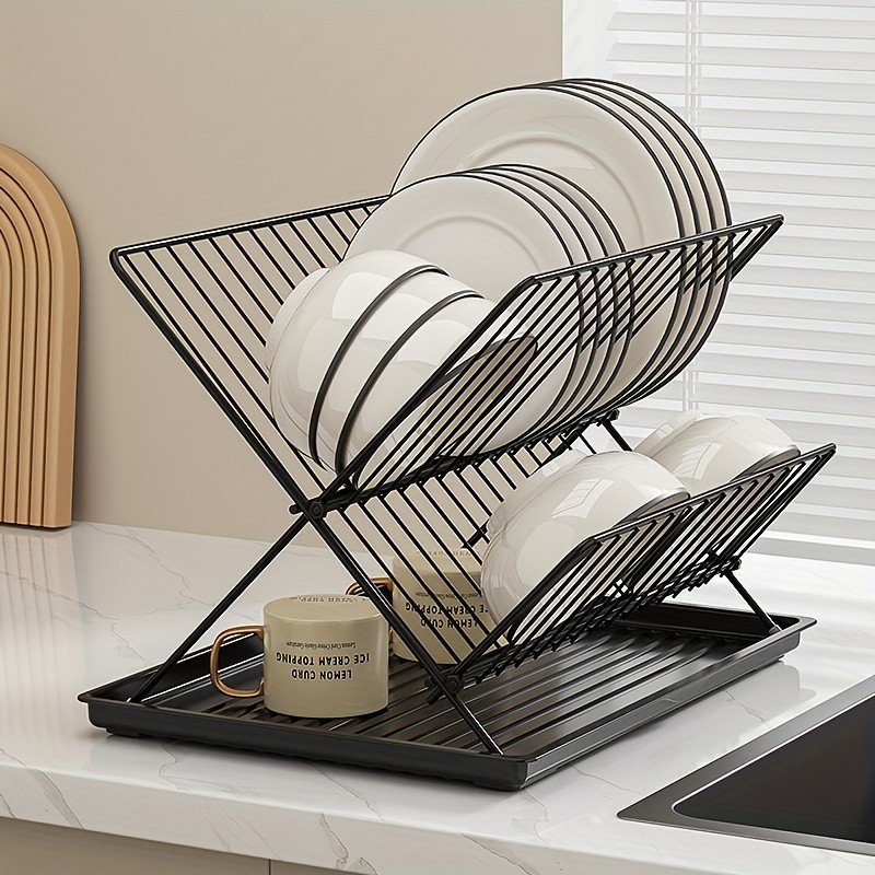 WIEZ Stainless Steel 2-Layer X-Shaped Foldable Dish Drying Rack – Space-Saving Countertop Dryer for Bowls, Plates & Utensils