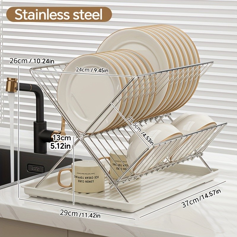WIEZ Stainless Steel 2-Layer X-Shaped Foldable Dish Drying Rack – Space-Saving Countertop Dryer for Bowls, Plates & Utensils