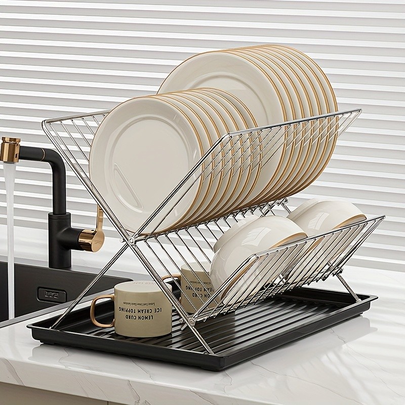 WIEZ Stainless Steel 2-Layer X-Shaped Foldable Dish Drying Rack – Space-Saving Countertop Dryer for Bowls, Plates & Utensils