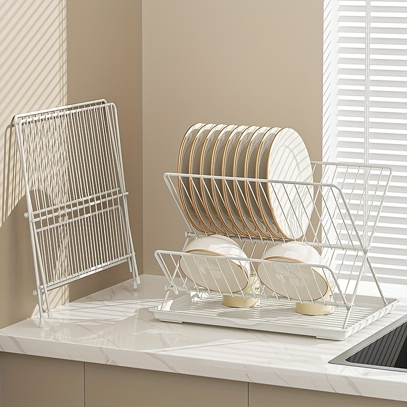 WIEZ Stainless Steel 2-Layer X-Shaped Foldable Dish Drying Rack – Space-Saving Countertop Dryer for Bowls, Plates & Utensils
