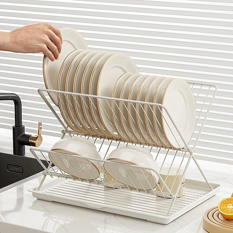 WIEZ Stainless Steel 2-Layer X-Shaped Foldable Dish Drying Rack – Space-Saving Countertop Dryer for Bowls, Plates & Utensils