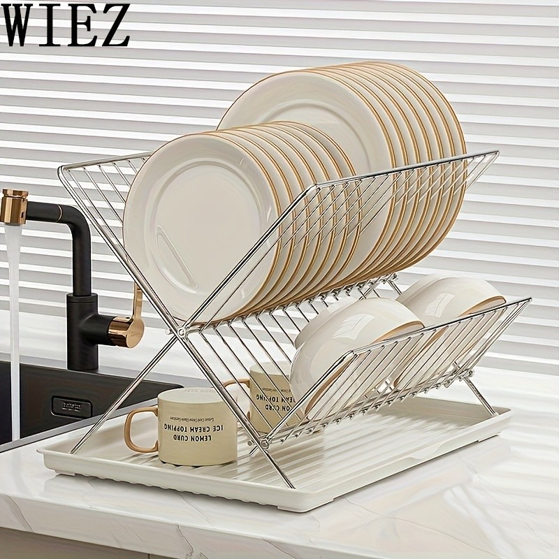 WIEZ Stainless Steel 2-Layer X-Shaped Foldable Dish Drying Rack – Space-Saving Countertop Dryer for Bowls, Plates & Utensils