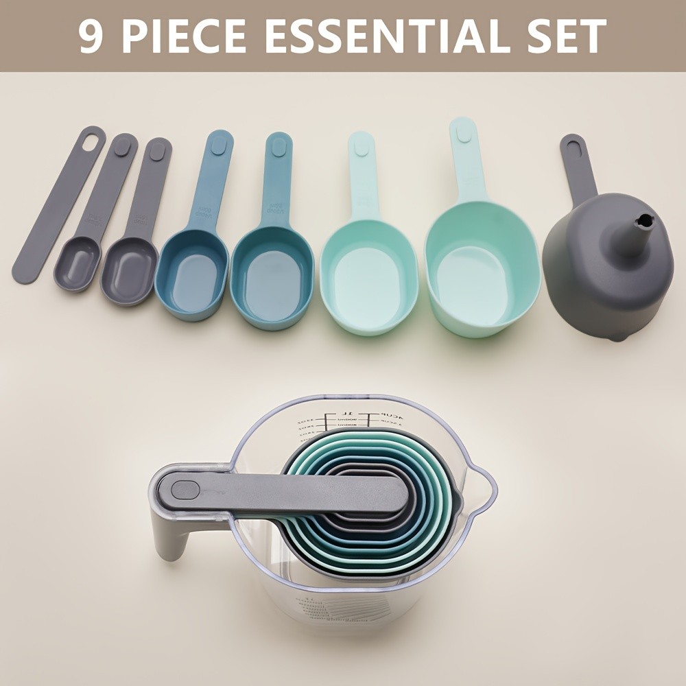 WIEZ 9-Piece Color-Coded Measurement Set – Stackable Cups, Spoons, Funnel & Scraper for Precise Baking & Cooking