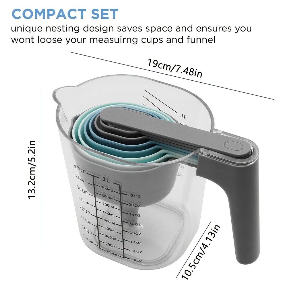 WIEZ 9-Piece Color-Coded Measurement Set – Stackable Cups, Spoons, Funnel & Scraper for Precise Baking & Cooking