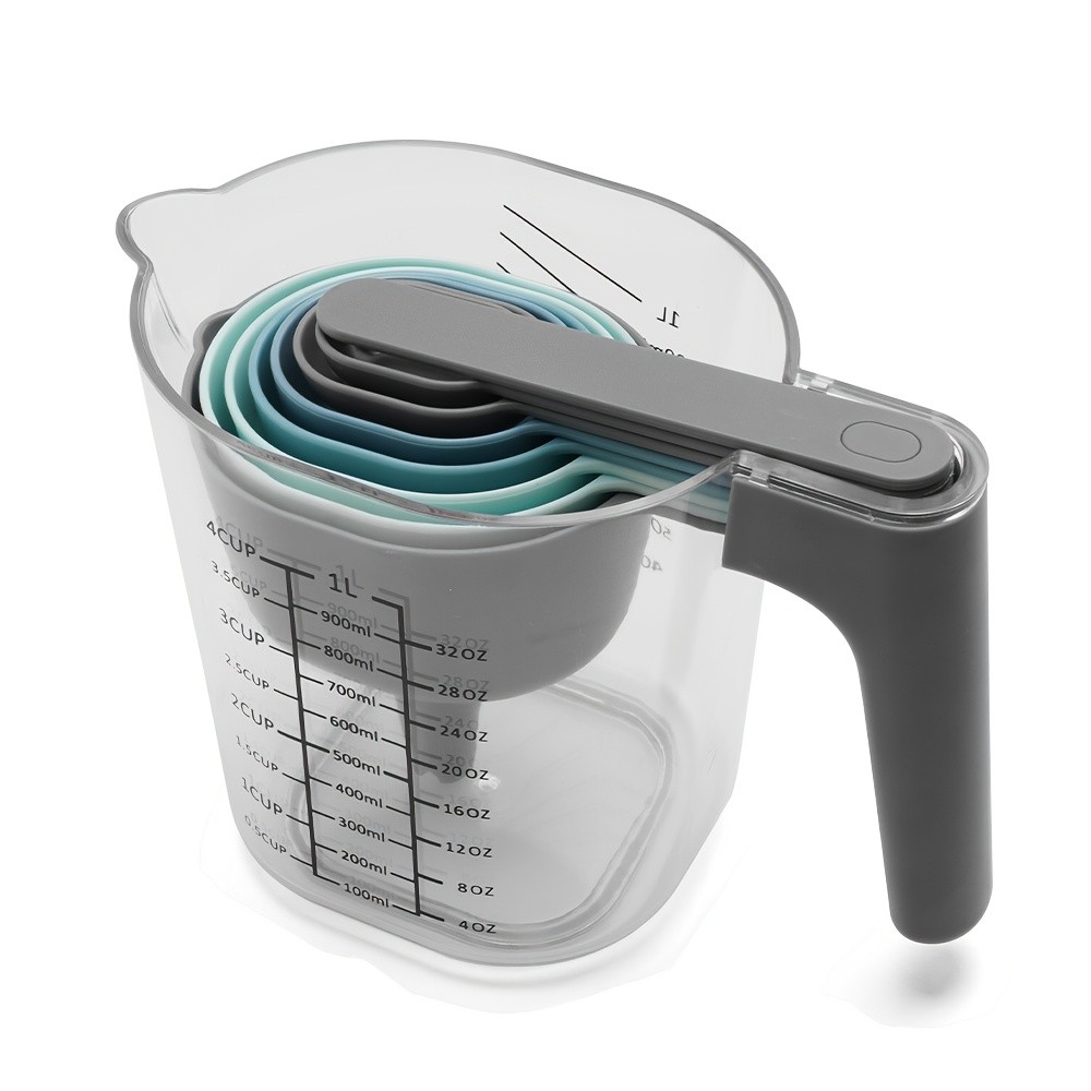 WIEZ 9-Piece Color-Coded Measurement Set – Stackable Cups, Spoons, Funnel & Scraper for Precise Baking & Cooking