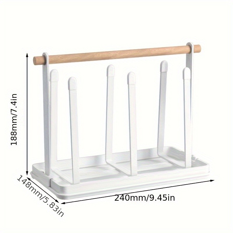 WIEZ 6-Cup Metal Drying Rack with Wooden Handle – Mug, Beer Cup & Bottle Organizer with Water Tray