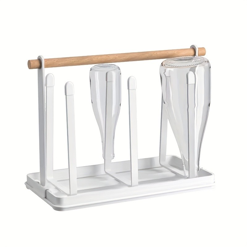 WIEZ 6-Cup Metal Drying Rack with Wooden Handle – Mug, Beer Cup & Bottle Organizer with Water Tray