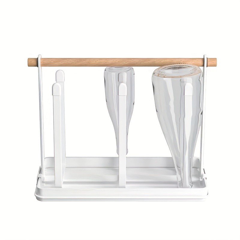 WIEZ 6-Cup Metal Drying Rack with Wooden Handle – Mug, Beer Cup & Bottle Organizer with Water Tray