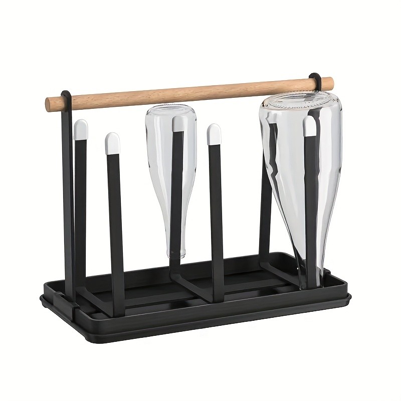 WIEZ 6-Cup Metal Drying Rack with Wooden Handle – Mug, Beer Cup & Bottle Organizer with Water Tray