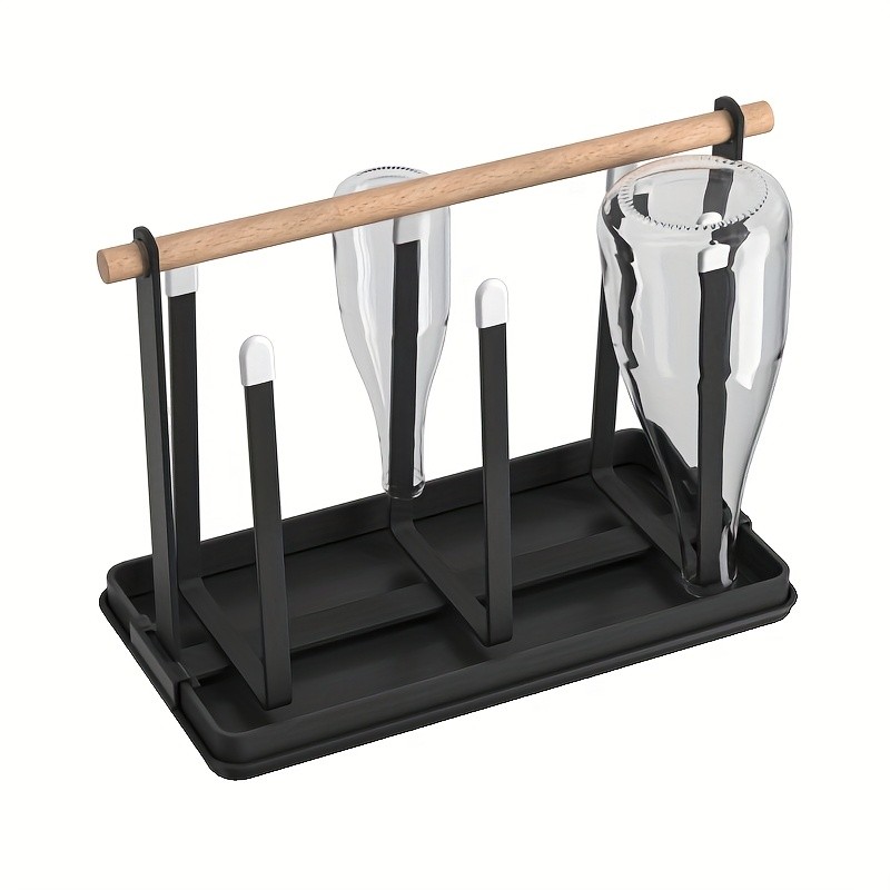 WIEZ 6-Cup Metal Drying Rack with Wooden Handle – Mug, Beer Cup & Bottle Organizer with Water Tray