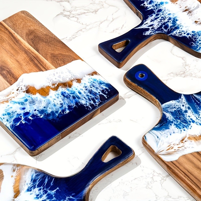 WIEZ Wave Resin & Acacia Wood Cutting Board – Artistic Riverbank Design for Fruit, Steak, Bread & Cheese Serving