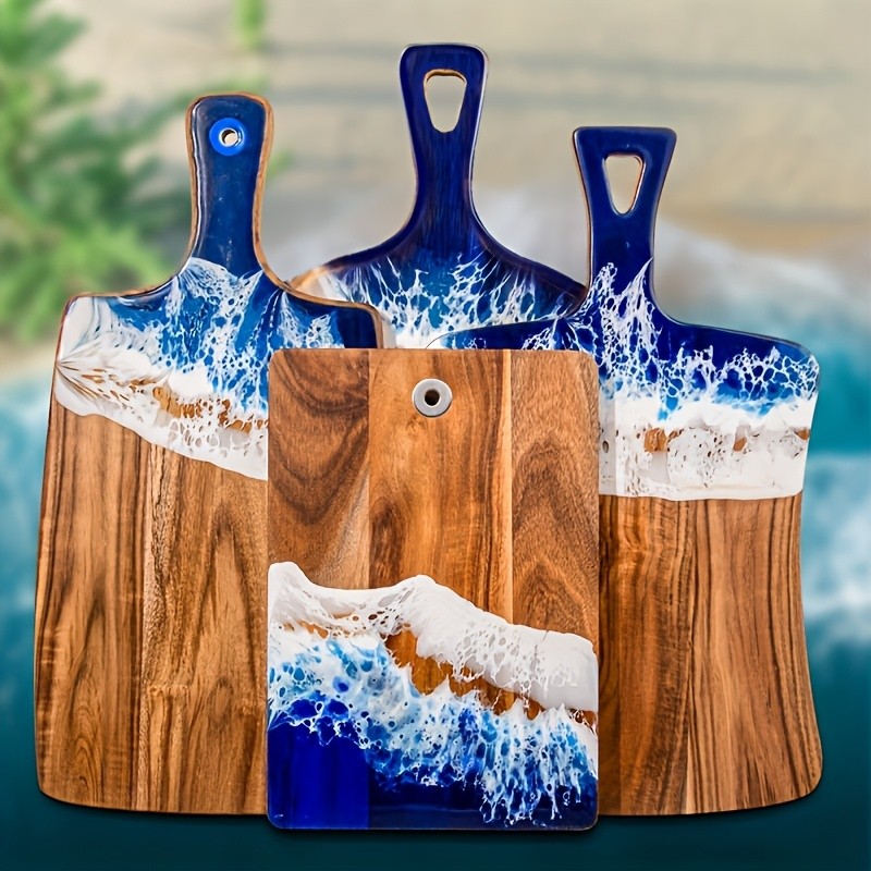 WIEZ Wave Resin & Acacia Wood Cutting Board – Artistic Riverbank Design for Fruit, Steak, Bread & Cheese Serving
