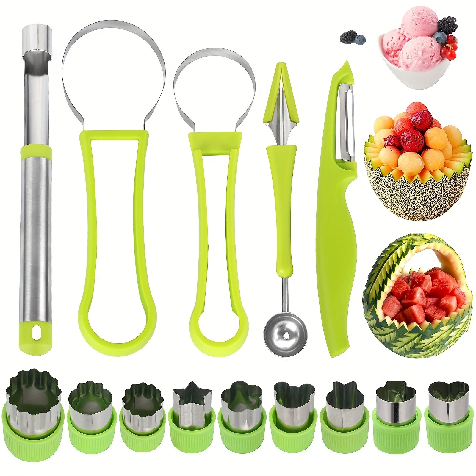 WIEZ 14-Piece Stainless Steel Melon Ball & Fruit Shaping Tool Set – 4-in-1 Multi-Function Kit for Creative Fruit & Veg Prep