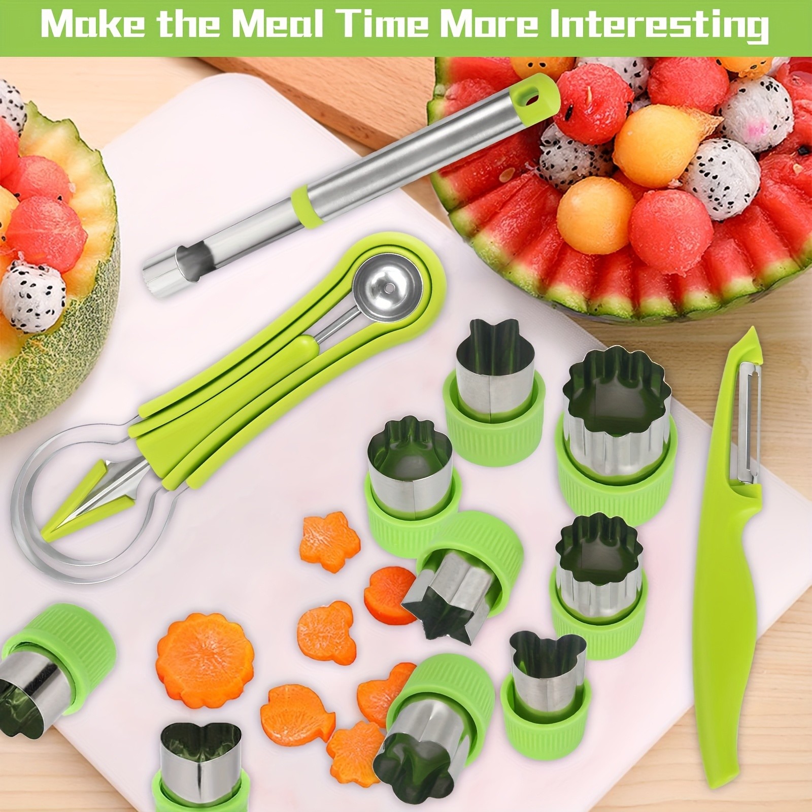 WIEZ 14-Piece Stainless Steel Melon Ball & Fruit Shaping Tool Set – 4-in-1 Multi-Function Kit for Creative Fruit & Veg Prep