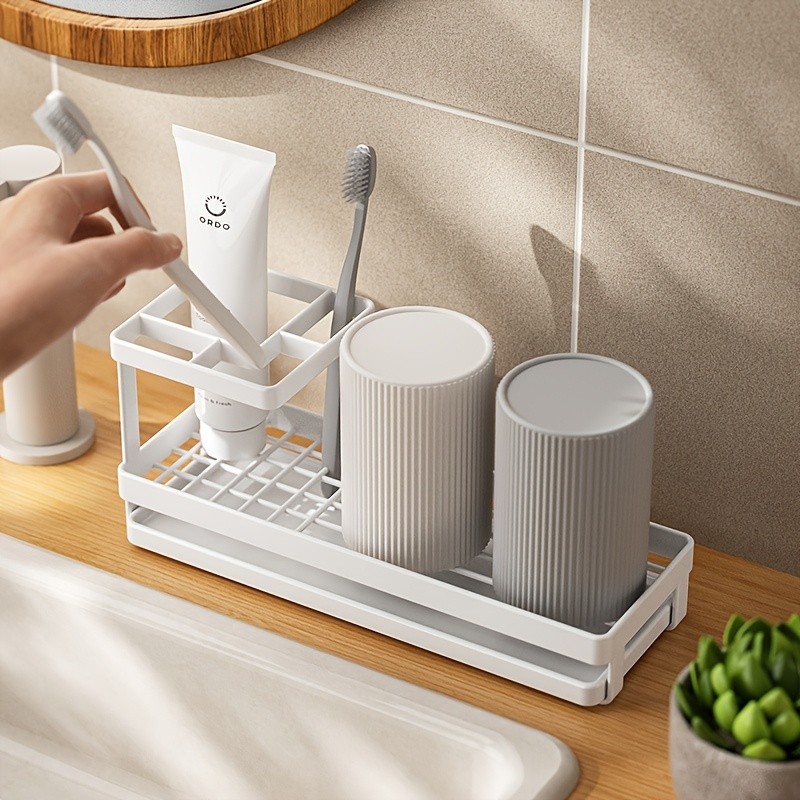 WIEZ Stainless Steel Toothbrush & Toothpaste Organizer – No-Drill Space-Saving Rack for Countertops & Bathroom Walls