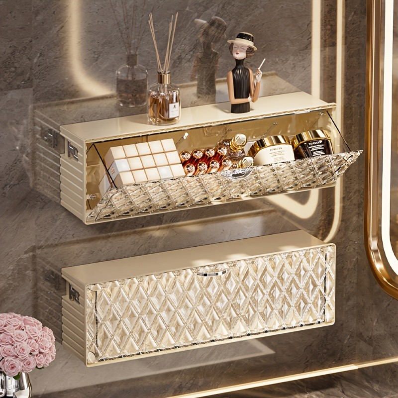 WIEZ Wall-Mounted Cosmetic Organizer – No-Drill Adhesive Makeup & Skincare Storage Box with Transparent Diamond Pattern