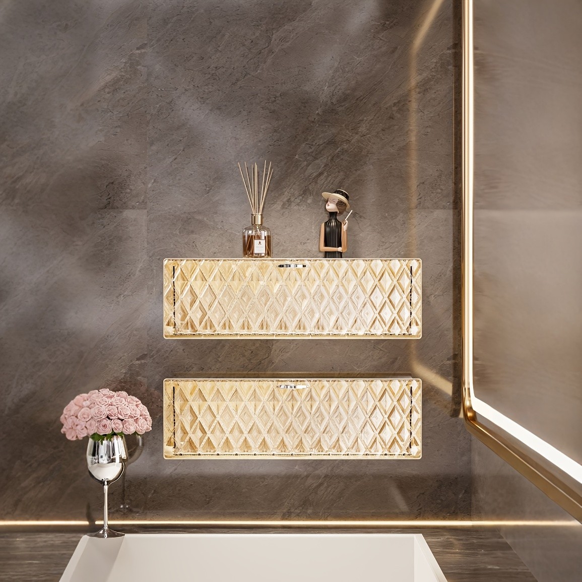 WIEZ Wall-Mounted Cosmetic Organizer – No-Drill Adhesive Makeup & Skincare Storage Box with Transparent Diamond Pattern