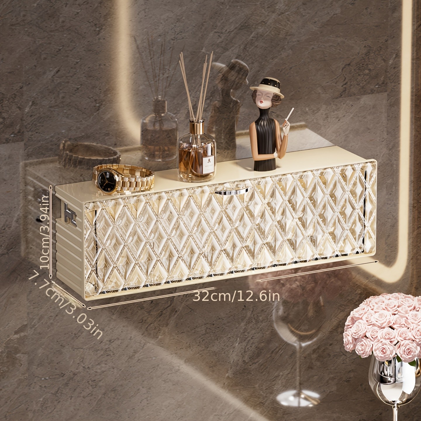 WIEZ Wall-Mounted Cosmetic Organizer – No-Drill Adhesive Makeup & Skincare Storage Box with Transparent Diamond Pattern