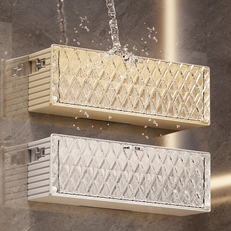 WIEZ Wall-Mounted Cosmetic Organizer – No-Drill Adhesive Makeup & Skincare Storage Box with Transparent Diamond Pattern