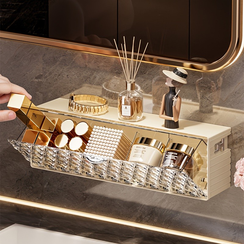 WIEZ Wall-Mounted Cosmetic Organizer – No-Drill Adhesive Makeup & Skincare Storage Box with Transparent Diamond Pattern