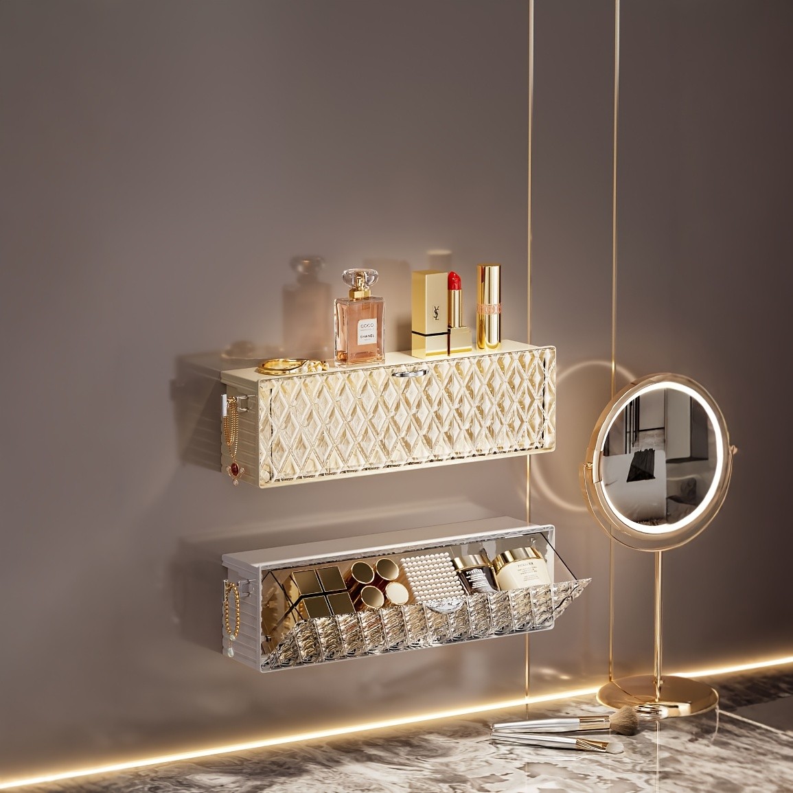 WIEZ Wall-Mounted Cosmetic Organizer – No-Drill Adhesive Makeup & Skincare Storage Box with Transparent Diamond Pattern