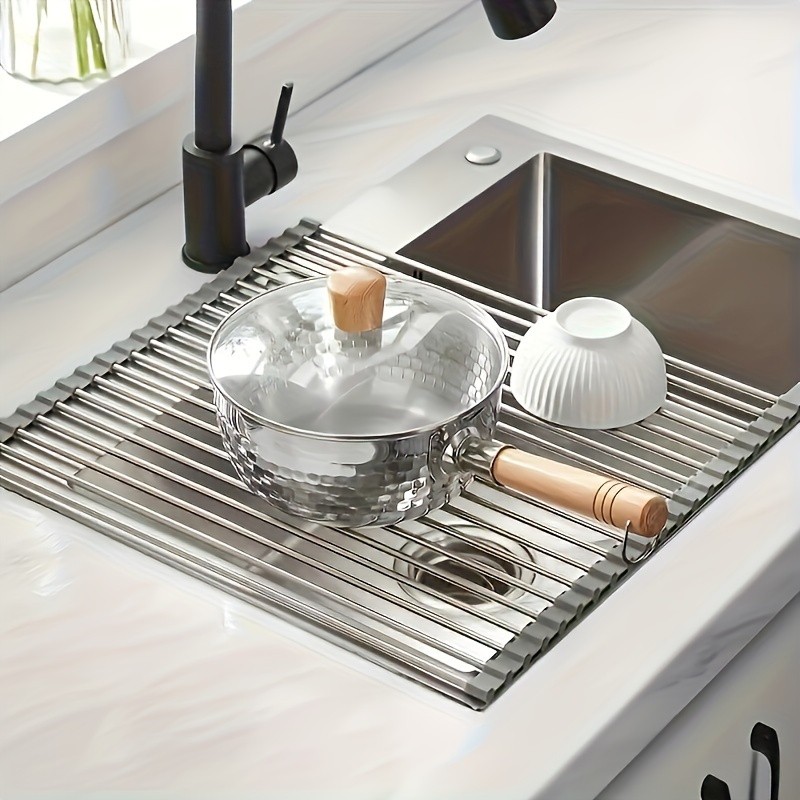 LDQ Deluxe Roll-Up Stainless Steel Dish Drying Rack – Space-Saving Over-the-Sink Organizer with Sleek Metallic Finish