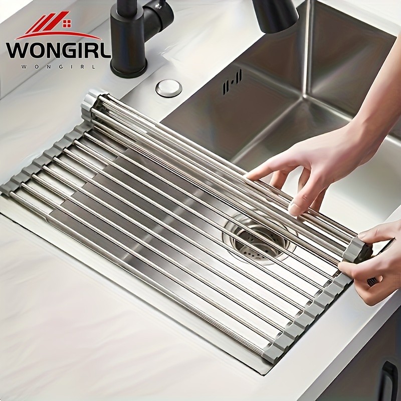 LDQ Deluxe Roll-Up Stainless Steel Dish Drying Rack – Space-Saving Over-the-Sink Organizer with Sleek Metallic Finish