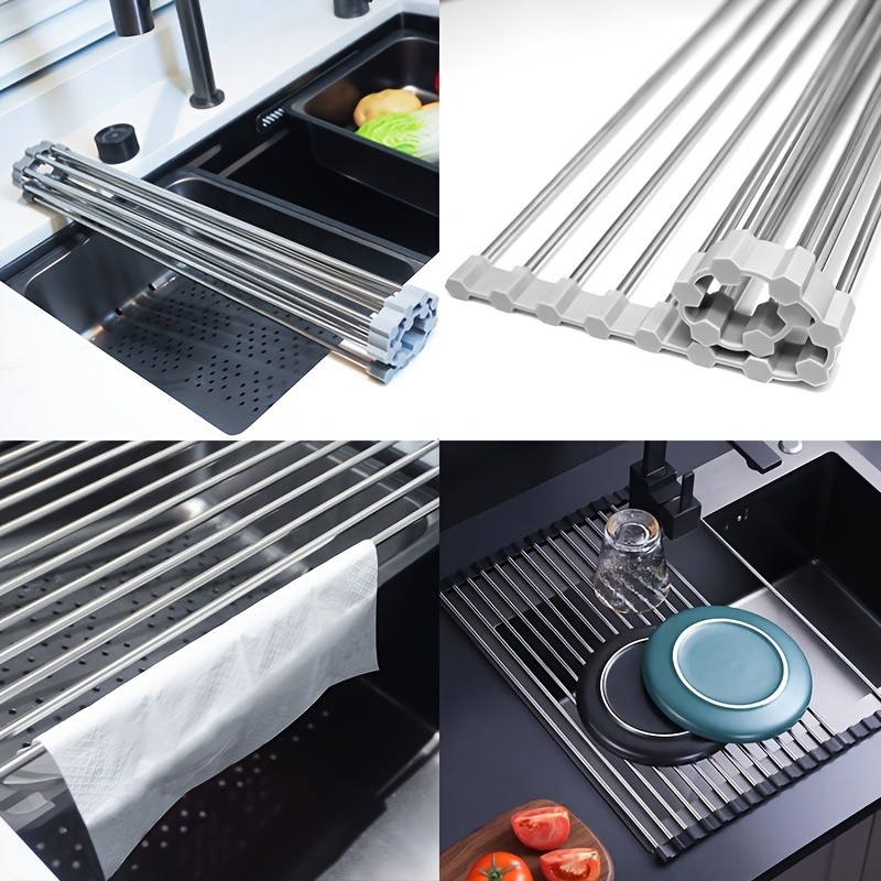 LDQ Deluxe Roll-Up Stainless Steel Dish Drying Rack – Space-Saving Over-the-Sink Organizer with Sleek Metallic Finish