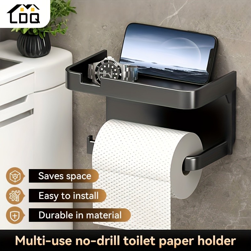 LDQ Luxury Self-Adhesive Wall-Mounted Tissue Holder – Modern Space-Saving Bathroom Rack with Built-In Storage Shelf